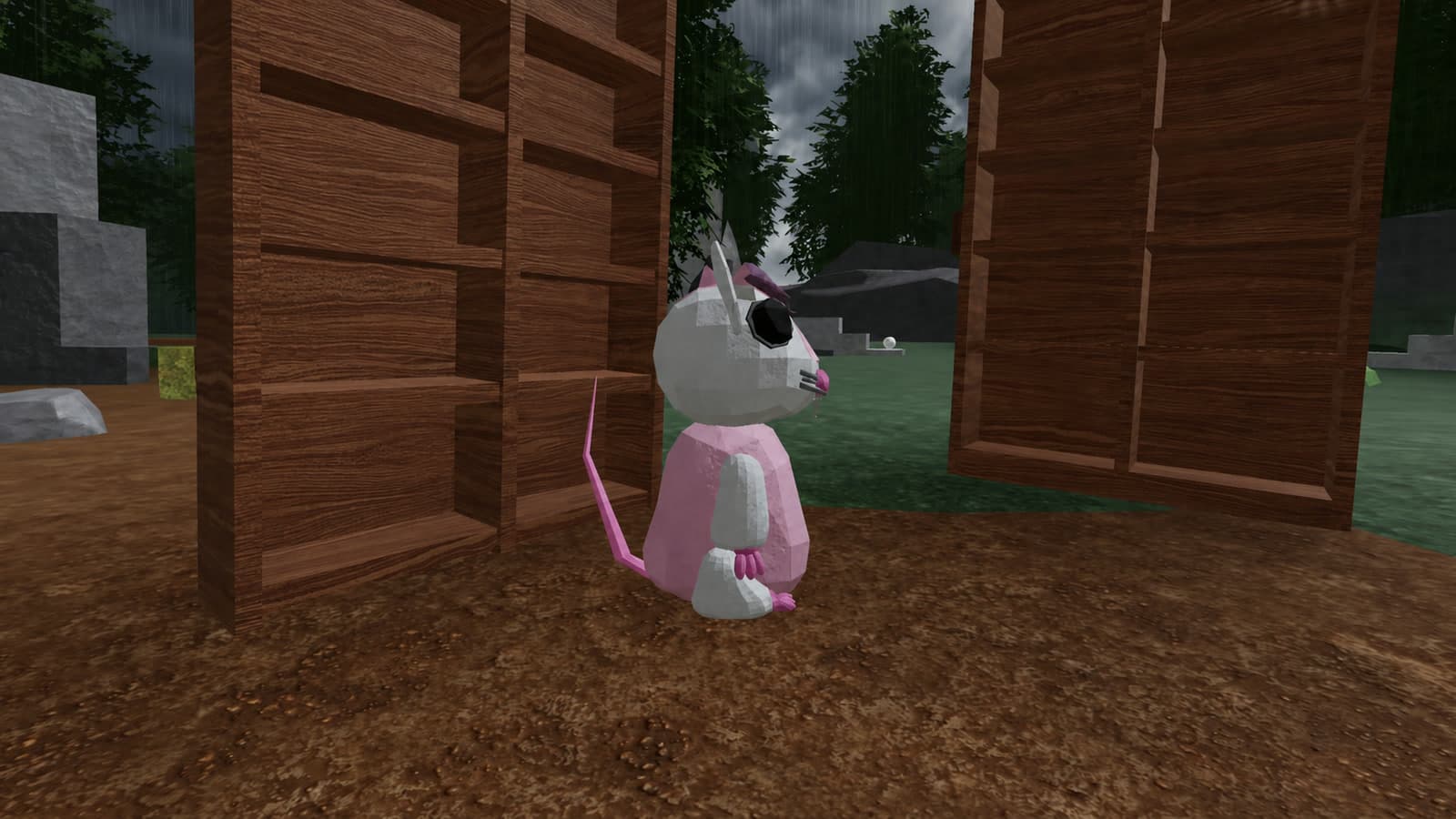 Mouse player character standing between wooden shelves in the rain in Bring Back The Sun